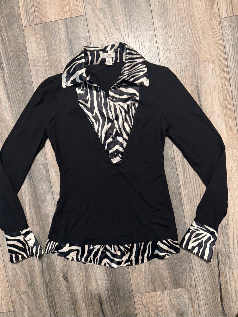 Cache Black Long-Sleeve Top with Zebra-Print Trim